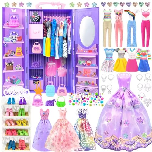 75 Pack Doll Clothes and Accessories with Doll Closet for 11.5 Inch Doll Fashion Design Kit Girl Doll Dress Up Including Wedding Dress Fashion Dress Outfits Tops and Pants Shoes Hangers Bags Necklaces