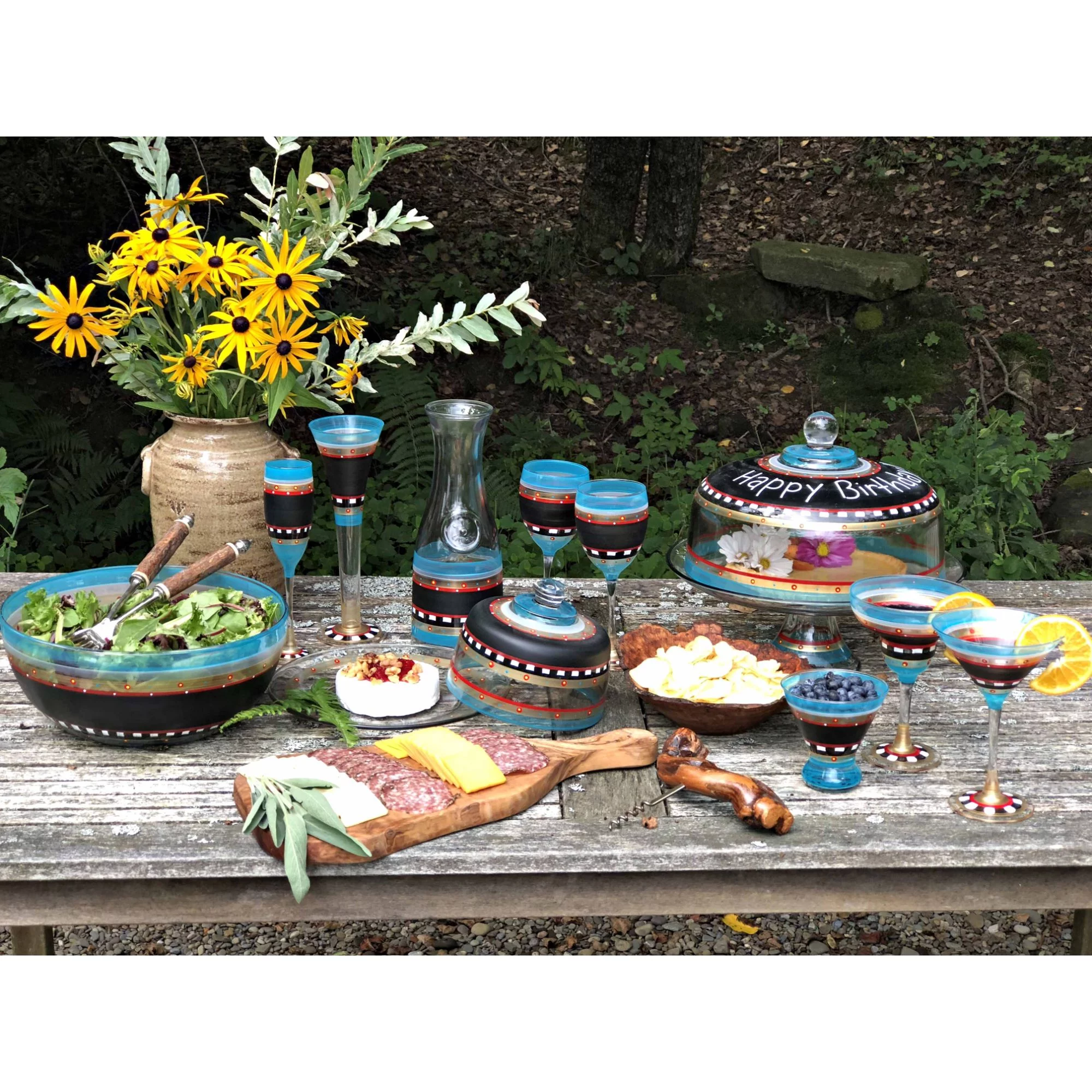 Crafted Creations Set of 2 Blue Mosaic Chalkboard Hand Painted Martini Drinking Glasses 7