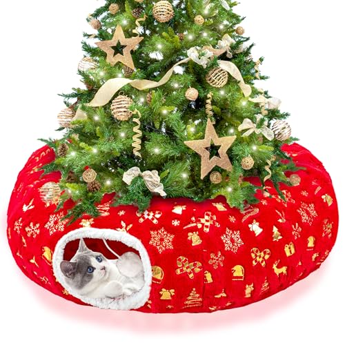 3-in-1 Christmas Cat Tunnel Bed & Tree Skirt, Warm & Cozy Double-Sided Fleece Hideout w/Detachable Mat, Deter Cats Damage Xmas Tree Decor, Festive Coziness