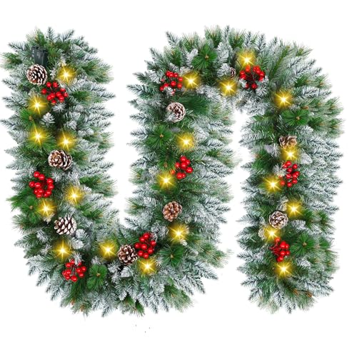 Christmas Garland with Lights - 9FT Flocked Pre-Lit Garland with 30 LED Lights, Red Berries, Pine Cones, Artificial Pine Battery Operated Garland for Fireplace, Stair, Indoor Outdoor Decor
