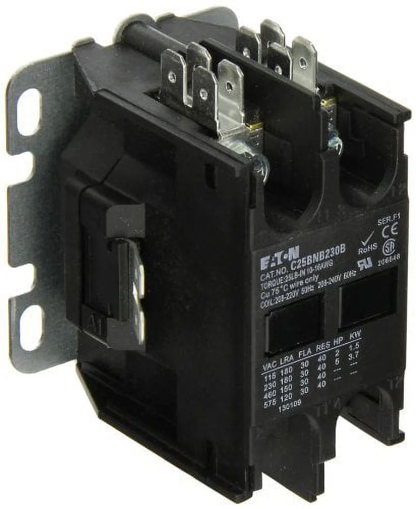 Eaton C25BNB230B Compact Definite Purpose Contactor, 30A Inductive Current Rating, 2 Max HP Rating at 115V, 5 Max HP Rating at 230V, 240VAC Coil Voltage