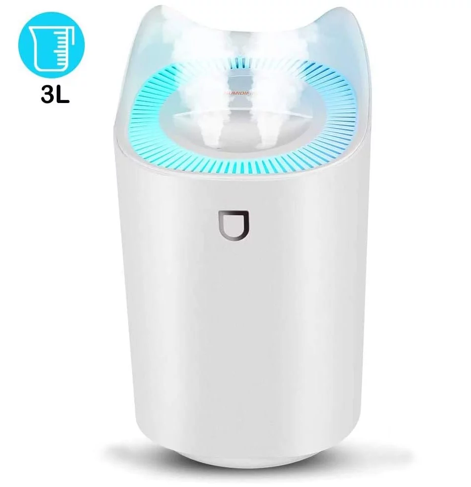 Cool Mist Humidifier,3L Large Water Tank Humidifier For Bedroom,Whisper Quiet Air humidifier with 2 Nozzle,3 Mist Modes Baby Humidifier Lasts Up to 24 Hours,Automatic Shut-Off and Night Light Function