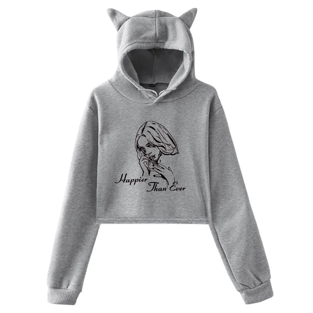 Billie Eilish Happier Than Ever Pullover Cat Ears Hoodie Long Sleeve Crop Top Women's Clothes