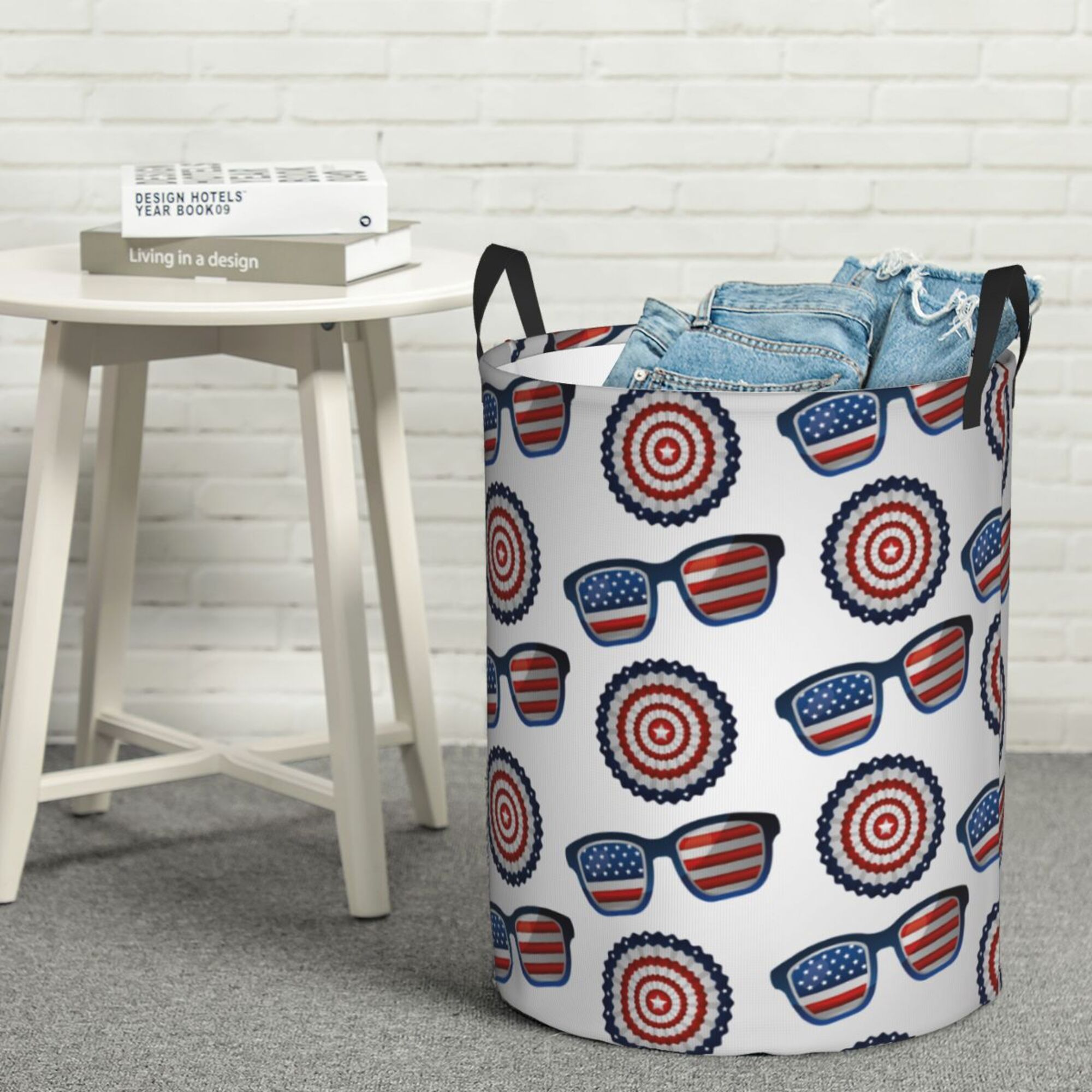 DouZhe Waterproof Collapsible Large Laundry Baskets, Patriotic Day American Flag Prints Circular Hamper with Handles