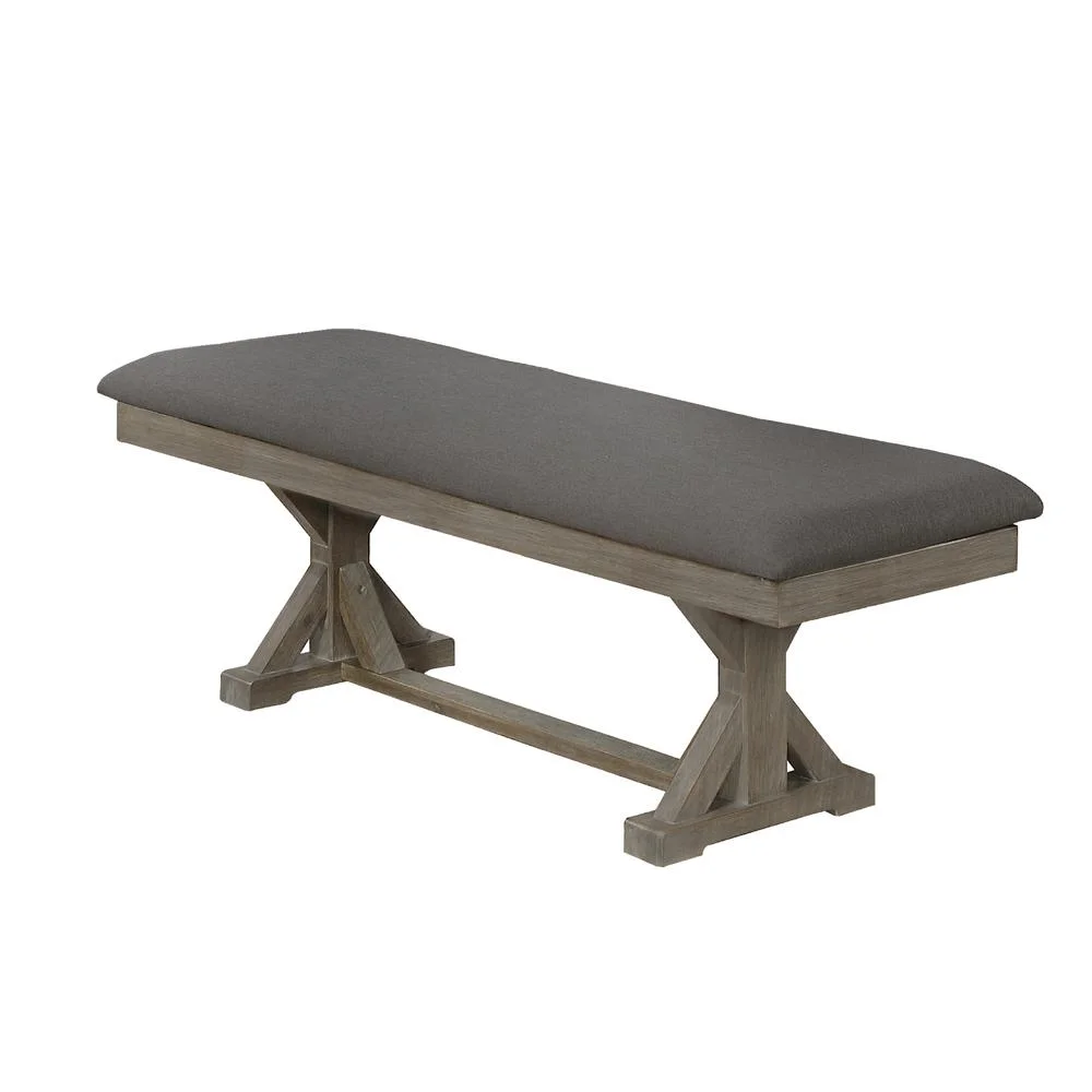 Gray Linen Dining Bench with Rustic Gray Brown Wood in Standard Height