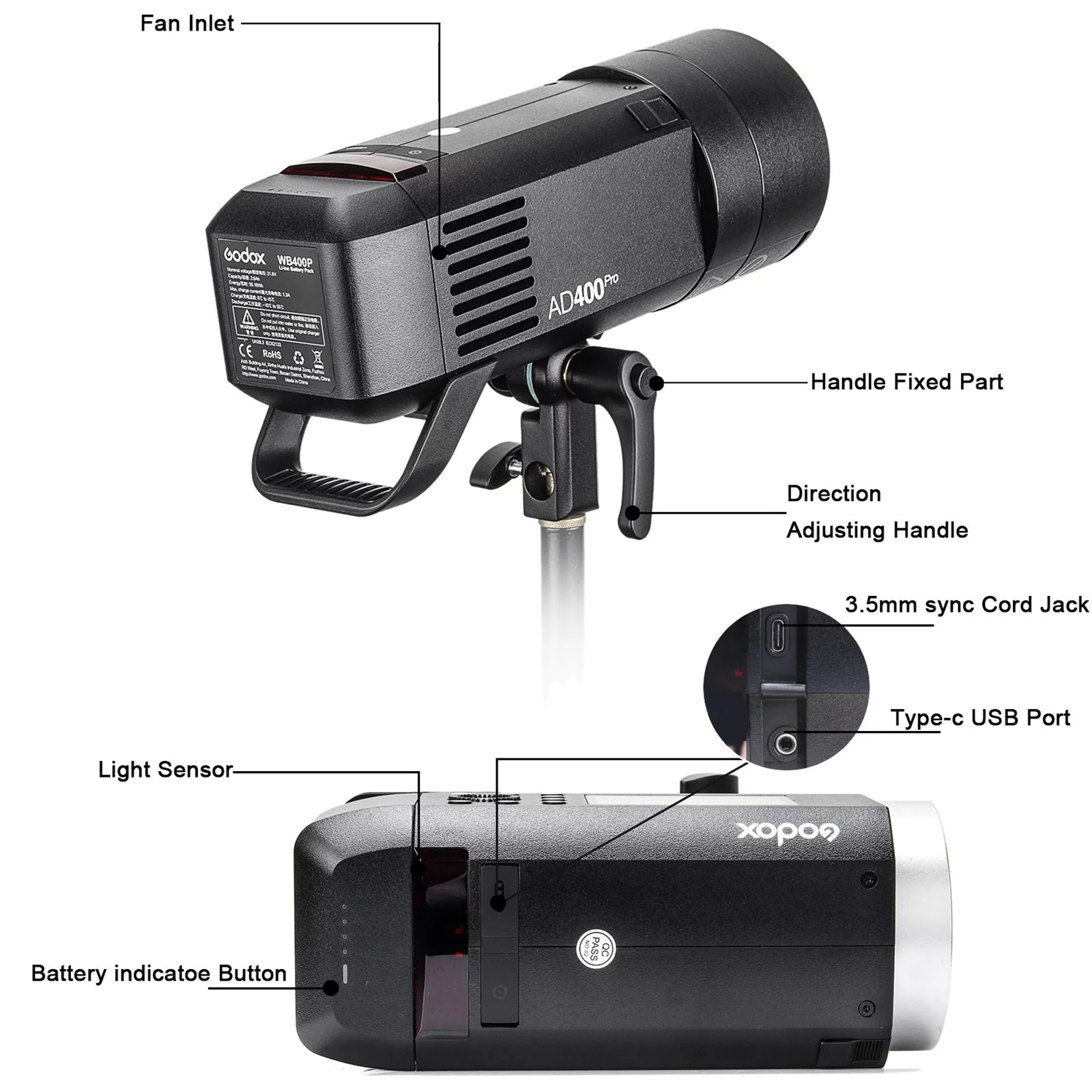 Godox AD400 Pro 400W TTL Flash w/Godox 60cm Softbox GN72 2.4G 1/8000 HSS 390 Full Power Flashes 0.01-0.9s Recycle Time w/30W Modeling Light for Sony Canon Nikon Fujifilm Fuji Olympus Pentax, etc