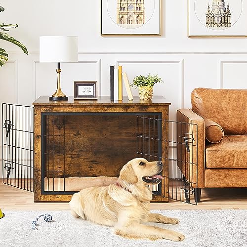 Yaheetech 27.5'' Dog Crate Furniture with Cushion Wooden Dog Crate with Double Doors/Adjustable Feet Side End Table for Small/Medium Dogs, Greige
