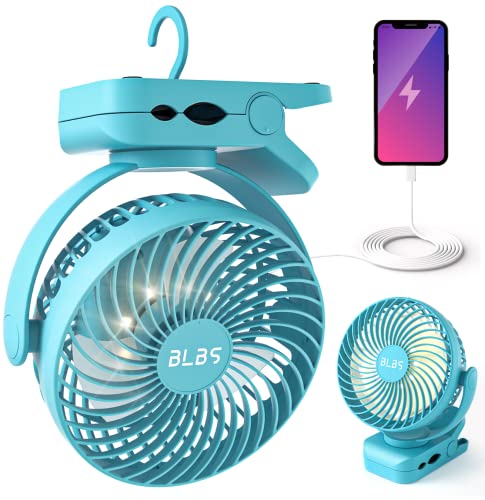 Clip on Fan 65Hrs Camping Fan with LED Light, 12000mAh Battery Operated Fans & PortableFan Rechargeable, Small Desk Fans USB TravelFan for Tent Camping Golf Stroller, Blue
