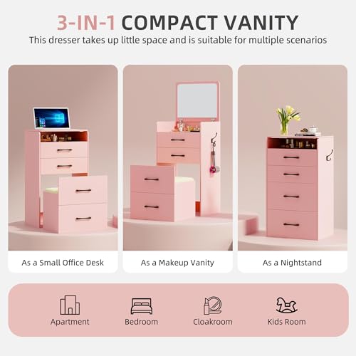 Gurexl 3 in 1 Vanity Desk with Flip Top Mirror,Small Make Up Vanity Set with Visible Glass Desktop,Compact Makeup Vanity with 3 Drawers,Cushioned Stool,Dressing Table for Bedroom