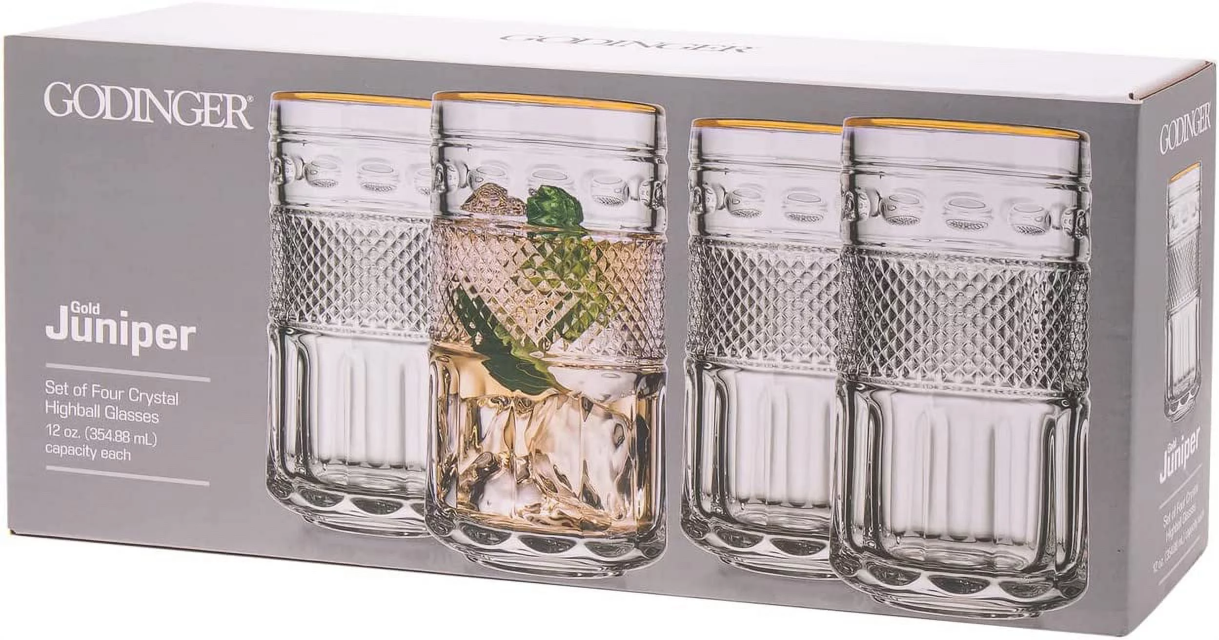 Godinger 27583 12 oz Juniper Gold Rim Highball Beverage Glass Cup