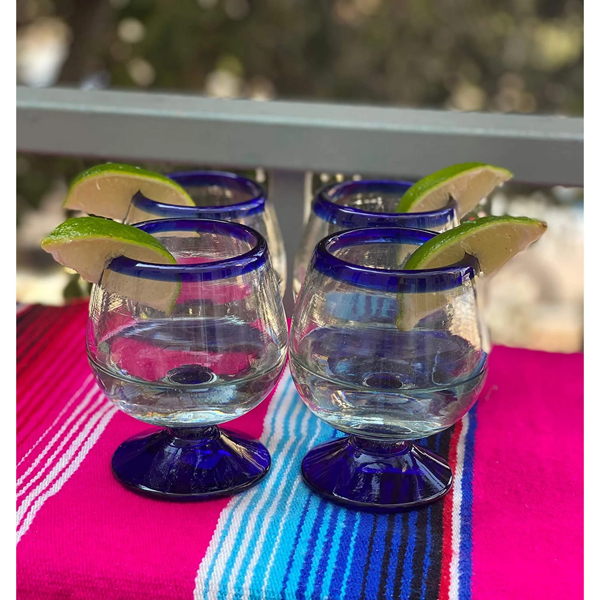 Hand Blown Cognac Glasses – Set of 4 Snifter Glasses with Cobalt Blue Rims