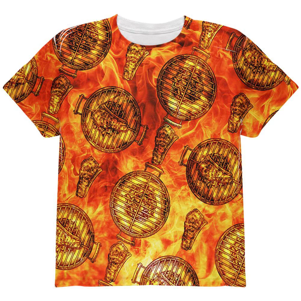 Flaming Hot Charcoal Grilled Steak Pattern All Over Youth T Shirt