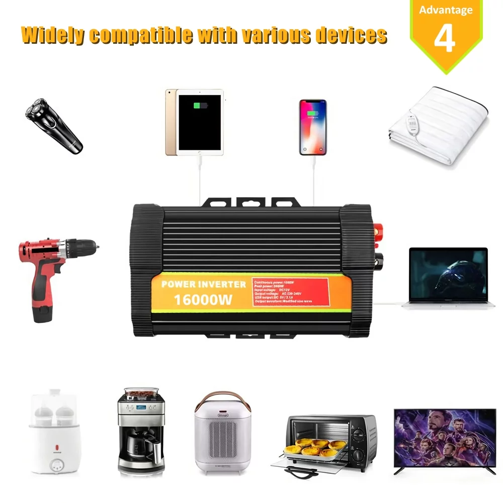 DFITO Inverters, 16000 Watts Power Inverters Converter Adapter DC 12V TO AC 110V Car Converter with Dual Ac Outlet and USB Car Charger