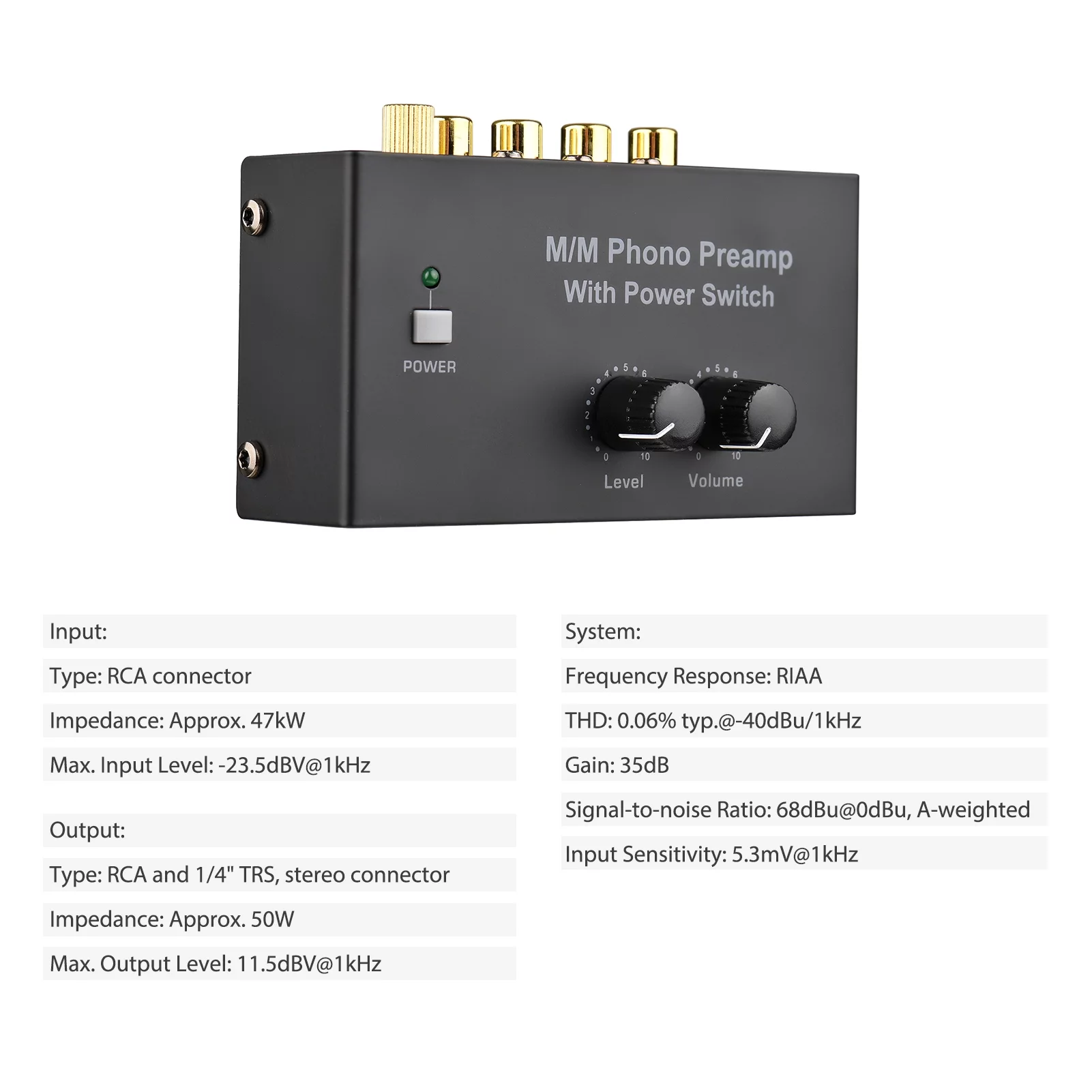 Aibecy Ultra-compact Phono Preamp M/M with Power Switch Volume and Level Control RCA Input Output 1/4 Inch TRS Interface