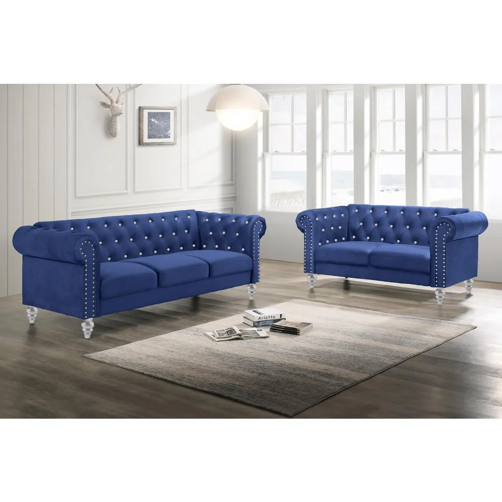 New Classic Emma 2-Piece Crystal Velvet Loveseat & Sofa Set in Royal Blue