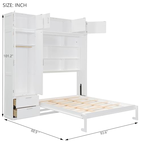 Merax Queen Size Murphy Bed with Top Cabinet, Shelves and Wardrobe, Fold into The Wall, Multifunctional Foldable Platform Bed Frame for Bedroom, Guest Room, Home Office, Space-Saving Design, White
