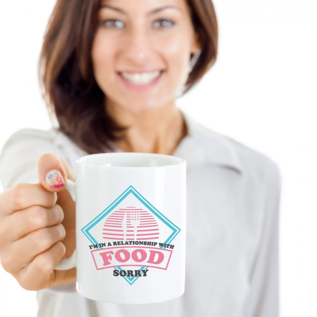 I'm In A Relationship With Food. Sorry. Funny Cooking Themed Ceramic Coffee & Tea Gift Mug And Cup Decor For A Foodie Dad Or Mom & Single Guy Or Lady Friend (15oz)