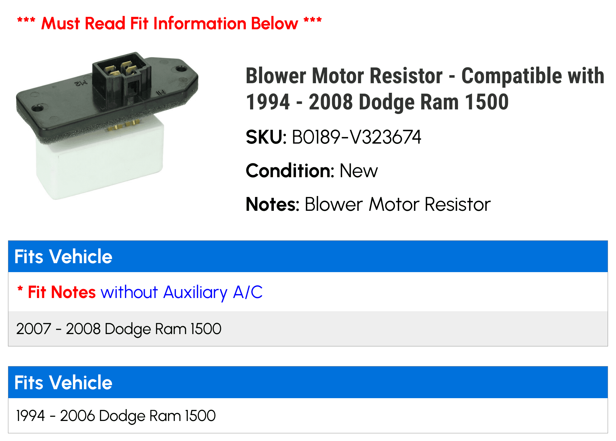 Blower Motor Resistor - Compatible with 1994 - 2008 Dodge Ram 1500 1995 1996 1997 1998 1999 2000 2001 2002 2003 2004 2005 2006 2007