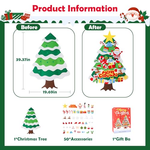 Felt Christmas Tree for Toddlers, 3.5ft DIY Wall-Mounted Xmas Tree with 50 Ornaments, Fun Christmas Decoration for Kids, Wall Hanging Holiday Tree for Toddlers