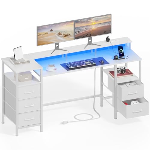 55 Inch Computer Gaming Desk with Power Outlets & LED Lights Reversible Home Office with Adjustable Fabric Storage Drawers for Working, Writing, Study, White
