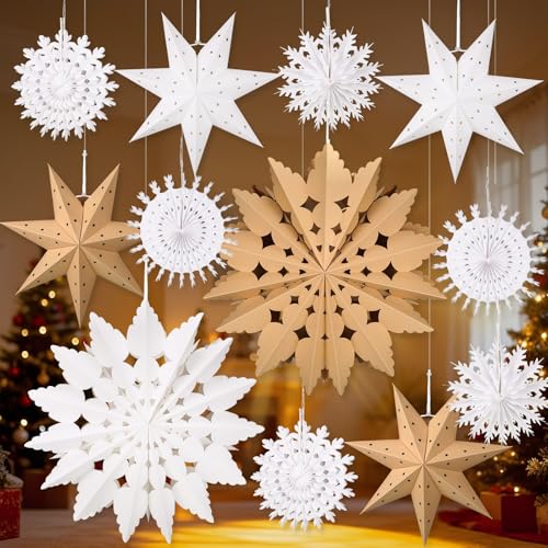 12 Pcs Paper Star Lantern 3D Christmas Paper Snowflake Lanterns White Hanging Lamp Ornaments for Xmas Tree New Year Holiday Party Decorations(White, Kraft)