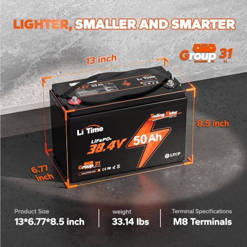 LiTime 36V 50Ah Trolling Motor Bluetooth 5.0 Low-Temp Protection LiFePO4 Battery with 43.8V 25A Charger, Buit in 50A BMS, Deep Cycle Group31 Lithium Battery Perfect for Trolling Motors, Marine