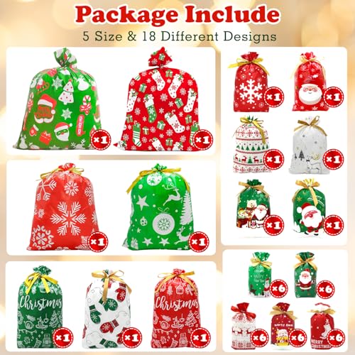JJXUANER 43 PCS Christmas Drawstring Gift Bags Assorted Sizes Drawstring Christmas Bags for Gifts with Rope for Xmas Holiday Presents Party Favor