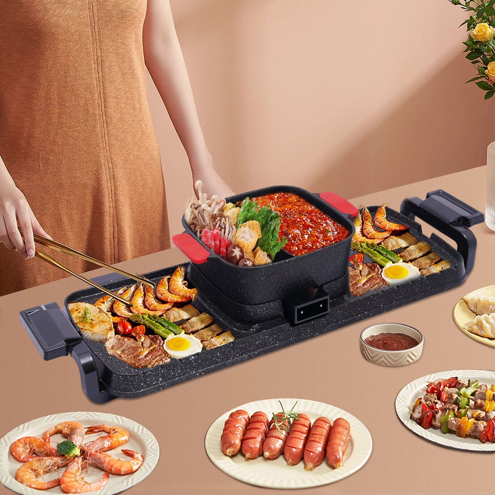 Denest Electric 2 in 1 Hot Pot BBQ Oven Smokeless Barbecue Pan Grill Hotpot Machine