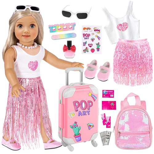 ebuddy 18 Inch Doll Clothes and Accessories-Fashion Fringe Dress with Travel Suitcase Backpack Manicure Playset Including Tassel Dress Set, Suitcase, Backpack, Glasses, Shoes, Nail kit(No Doll)