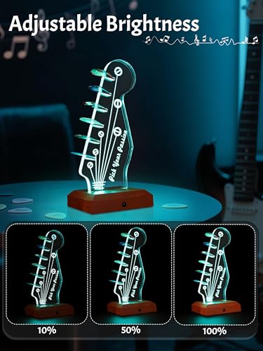 Light Up Guitar Pick Holder - Electric Guitar Headstock Shaped Acrylic & Wooden USB Powered Display Case - Guitar Accessories Gift for Players/Men (Picks Storage Organizer)