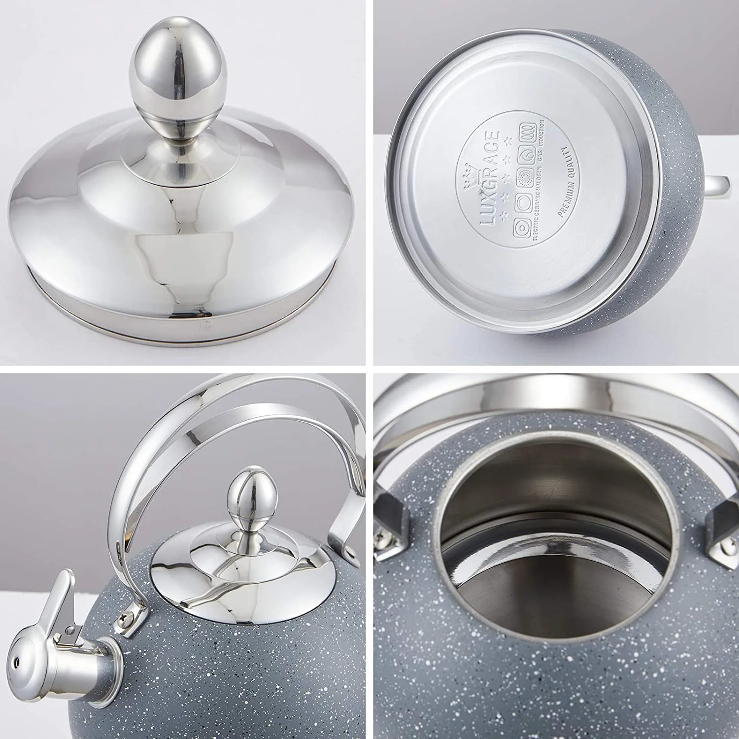 Creative Home 2.5 Qt. Stainless Steel Whistling Tea Kettle, Opaque Gray with Speckle