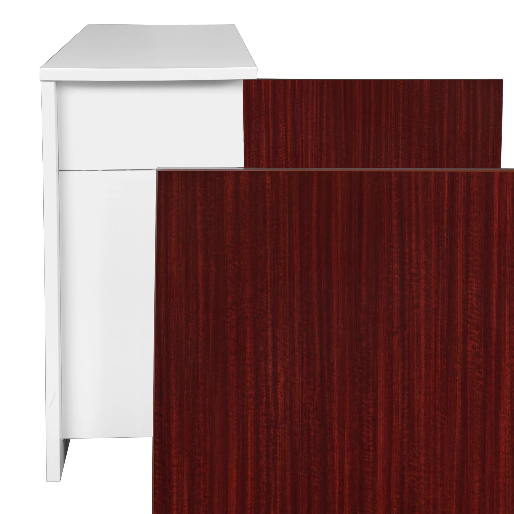 Romig Legacy Double Full Pedestal Reception Desk with White Transaction Top- Mahogany