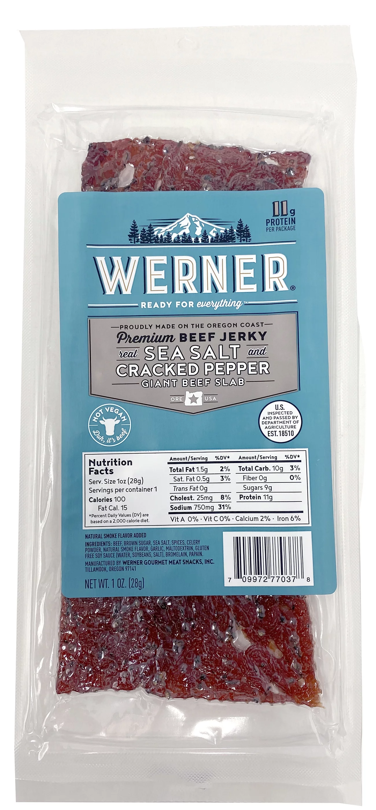Werner Beef Jerky Slab Pack of 15-1 Ounce, Individually Wrapped Meat Snacks (Sea Salt & Cracked Pepper)