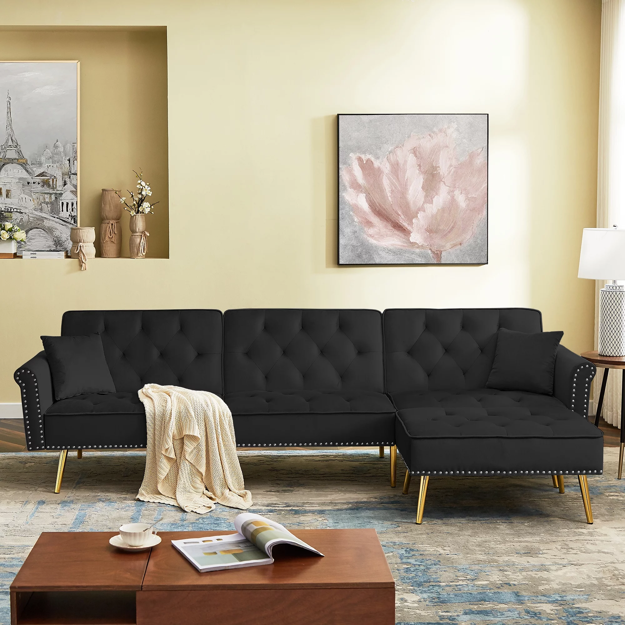Lecut 110” Velvet L Shaped Modern Reversible Sectional Couch with Removable Ottoman Nailhead Trim 3 Seater Sofa with Metal Gold Legs black