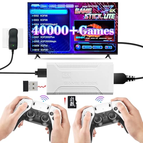 Retro Game Stick with 40,000+ Classic Games, 23 Emulators, 4K HDMI Plug & Play Video Game Console, Dual 2.4G Wireless Controllers, 64GB Handheld Emulator Console for TV, Family, Kids,Gift,White
