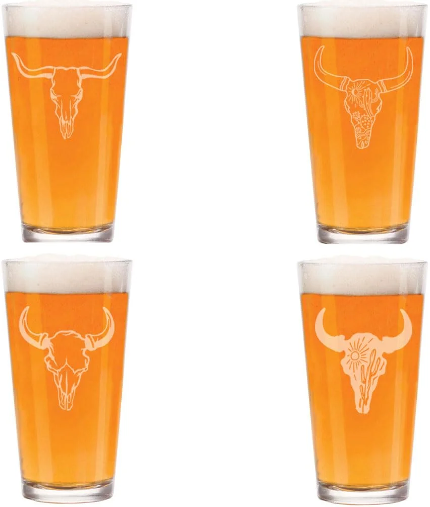 MIP 16 oz Beer Pint Glass Gift Set Of 4 Western Cow Skull Collection