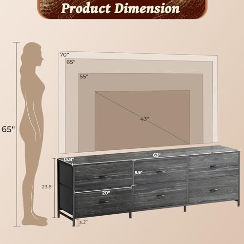 Huuger 6 Drawer Dresser for Bedroom, 63 Inch TV Stand for 55, 65, 70 Inch TV, Long Dresser for Closet with Fabric Drawers, Storage Organizer for Kids Bedroom, Entryway, Rustic Brown