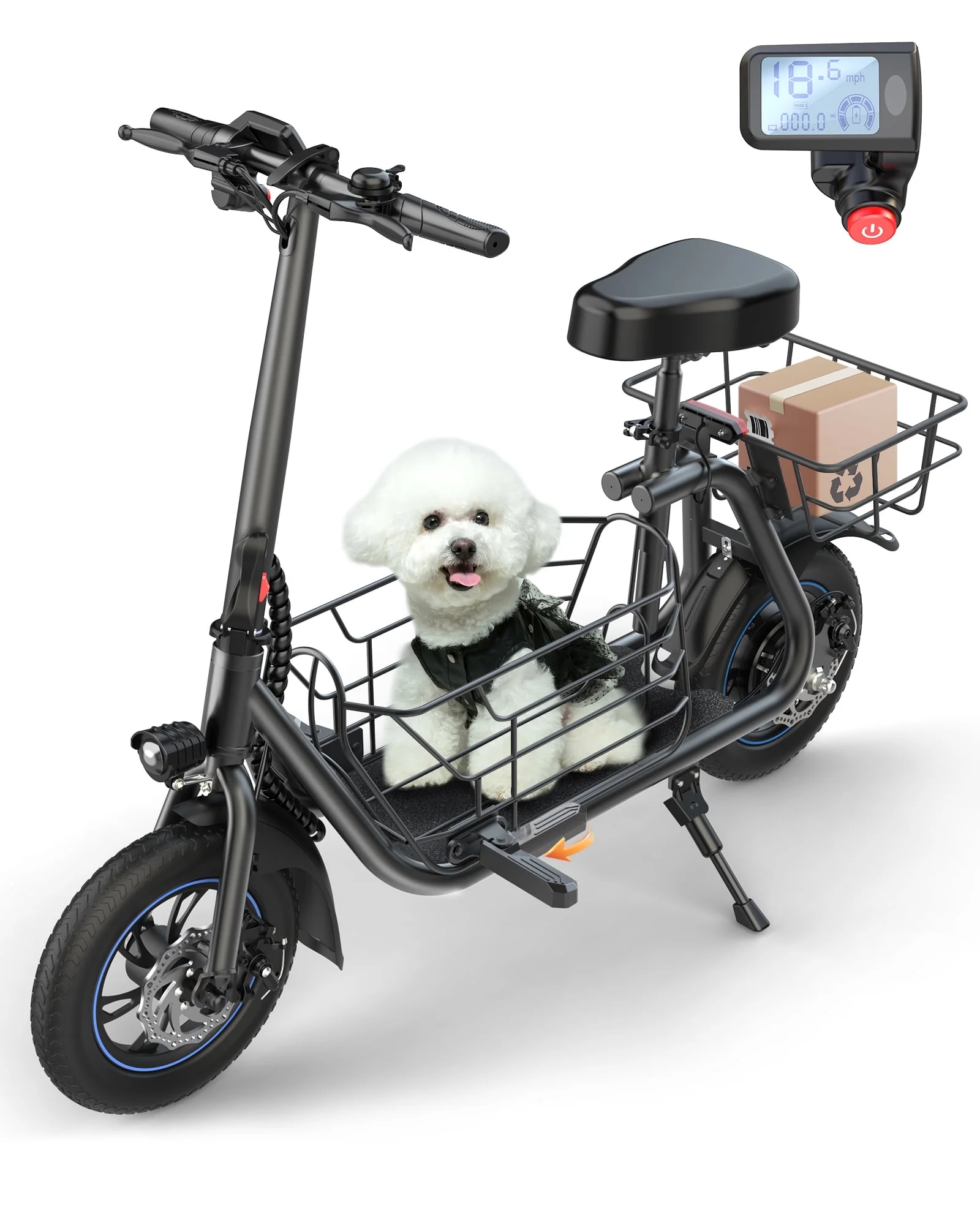 Kistp 550W Electric Scooter with Seat for Adult, 12 inch Commuter Electric Scooter for Pets with Front & Back Basket for Pets, Bigger Seat - up to 20 Miles 18.6MPH