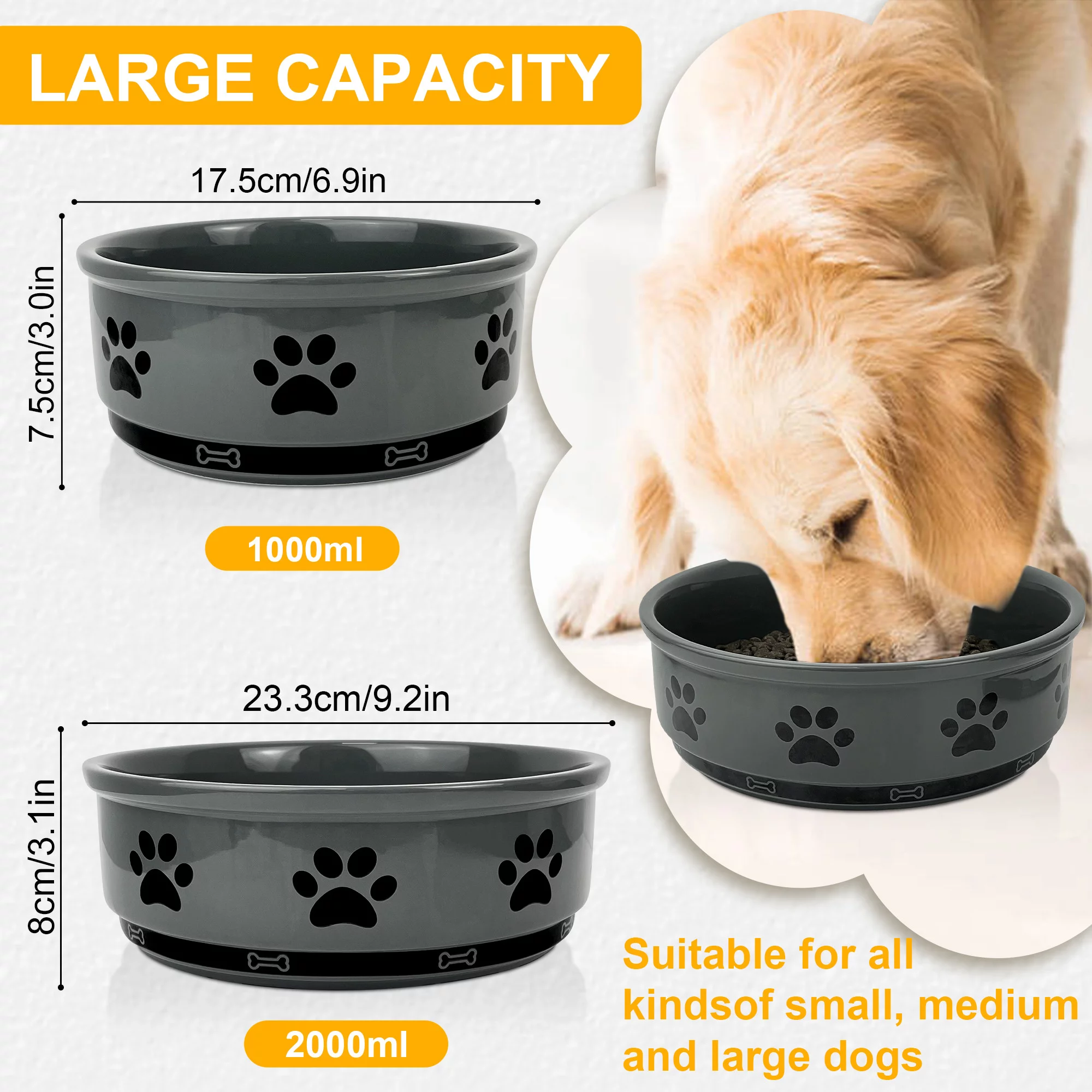 Ptlom Ceramic Pet Bowl for Dogs and Cats, Dog Food and Water Feeding Bowl, Durable Pets Feed Bowl Suitable for Small, Medium, and Large Cats Dogs, White,35oz