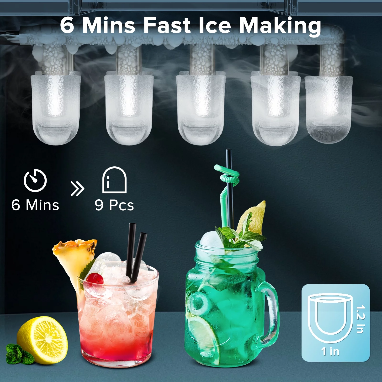 KISSAIR Portable Ice Maker Countertop, 9Pcs/8Mins, 26lbs/24H, Self-Cleaning Ice Machine with Handle for Kitchen/Office/Bar/Party, Stainless Steel Black