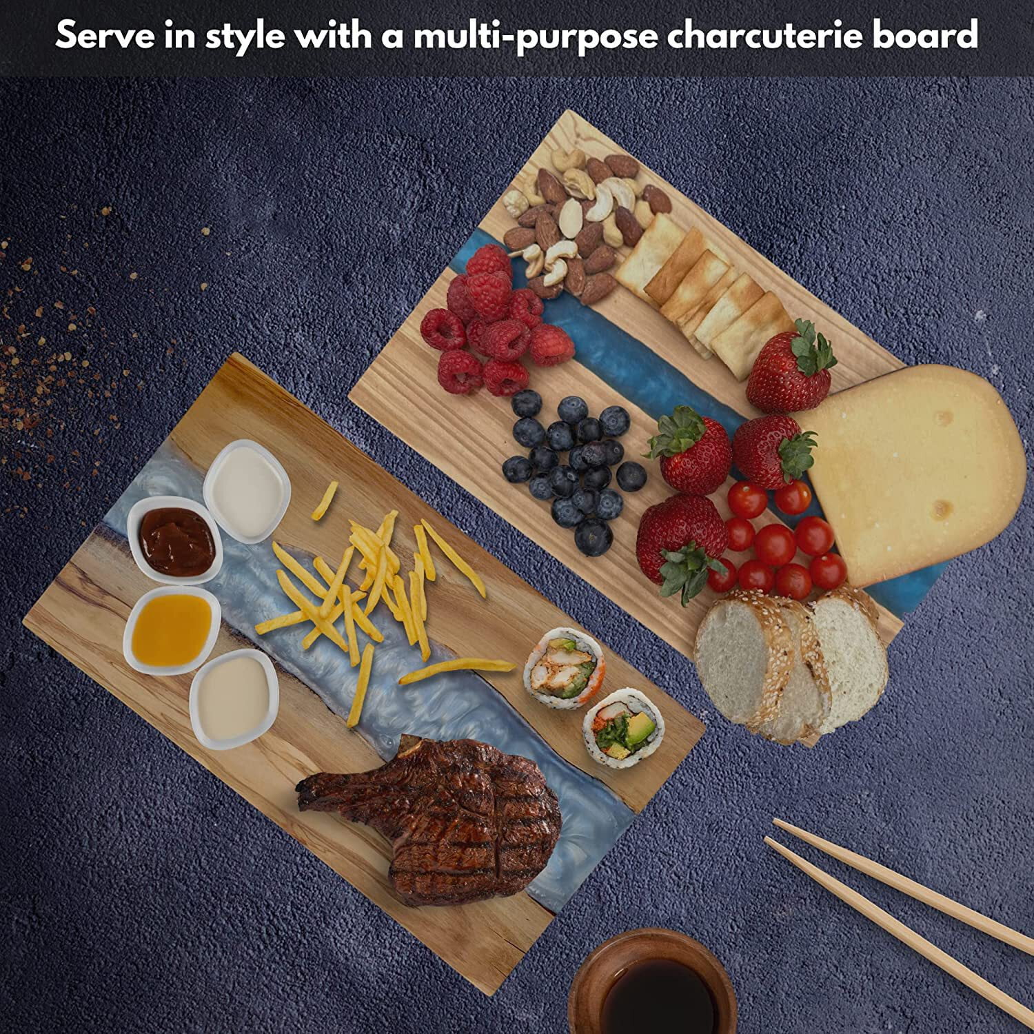 Olive Wood With Resin River Cheese Board | Charcuterie Board | Serving Tray (Blue)