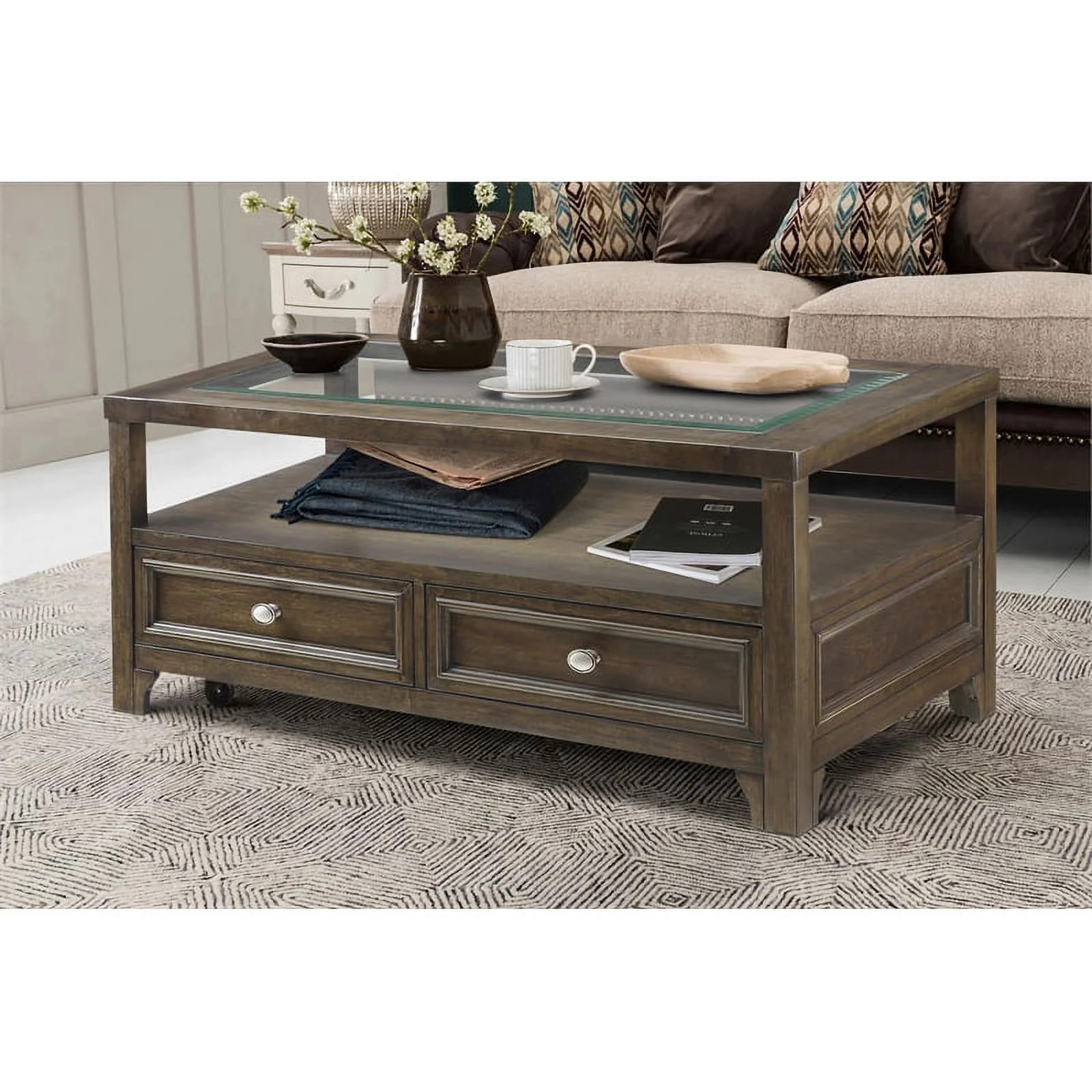 Bowery Hill Wood 2 Drawer Coffee Table in brown Cherry Finish