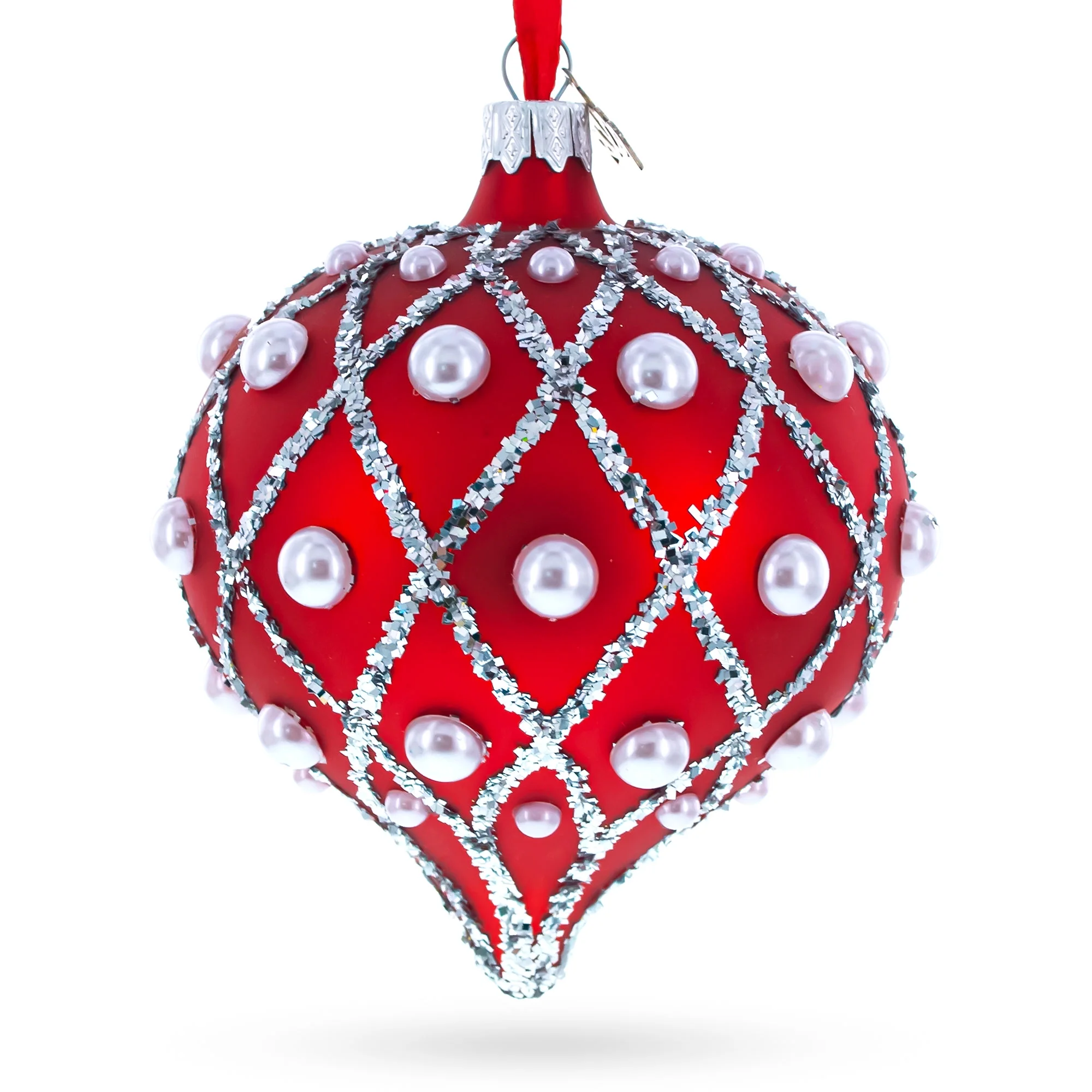 Pearls on Red Icat Glass Onion Finial Christmas Ornament