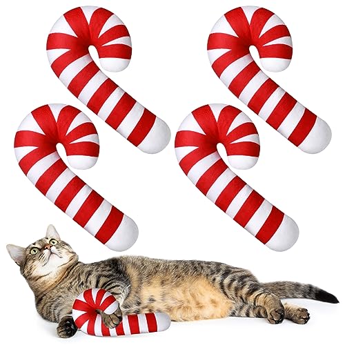 Jenaai 4 Pcs Christmas Catnip Cat Toy 8 Inch Candy Cane Cat Chew Toy Resistant Catnip Filled Toys Chew Kick for Kitten Cat Indoor Interactive Stuffed Teething Chew Pillow Xmas Lover Gifts
