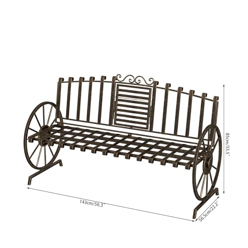 Outdoor Bench Patio Outdoor Garden Bench with Built-in Table, Wagon Wheel Arms, 3 People Outdoor Bench Garden Bench Front Porch Furniture Patio Lawn Yard Park (Bronze)