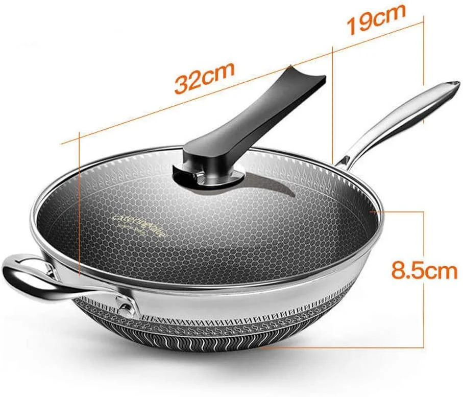 MIDUO Stainless Steel Non Stick Double Sided Honeycomb Cooking Frying Pan w/ Glass Lid