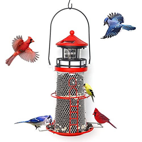 Solar Lighthouse Bird Feeder with Rotating Beacon - 14'' Hanging Mesh Wild Bird Feeders for Eaves, Balconies, Trees and Hooks for Bird Lovers