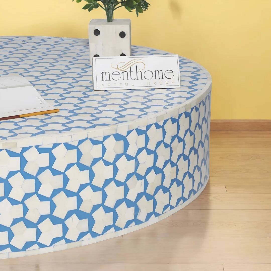 Round Coffee Table in Sky Blue, featuring a sleek Brass Base