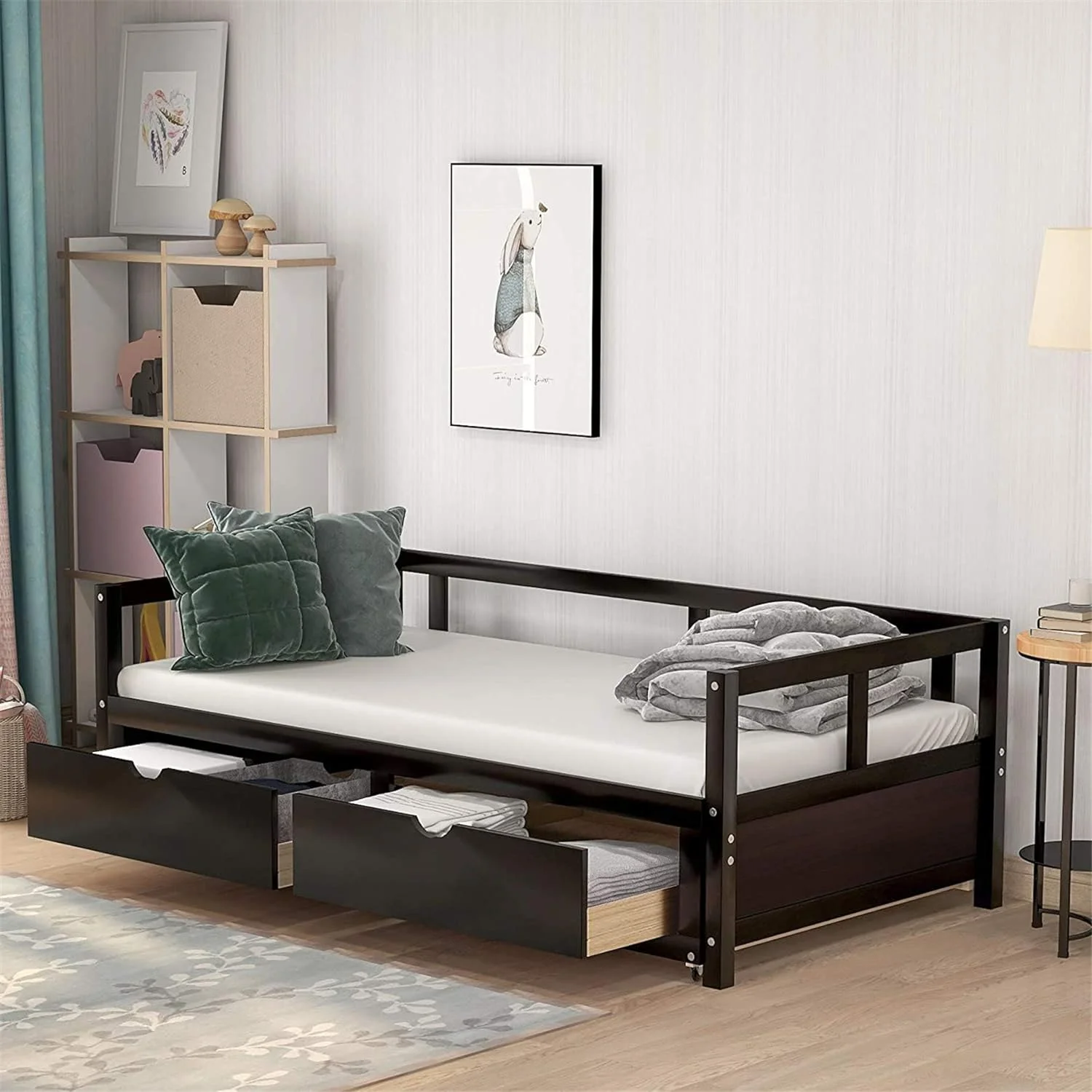 Wood Daybed With Two Storage Drawers, To Kig Daybed Extedable Desig,Woode Sofa Bed For Bedroom Livig Room,Espresso