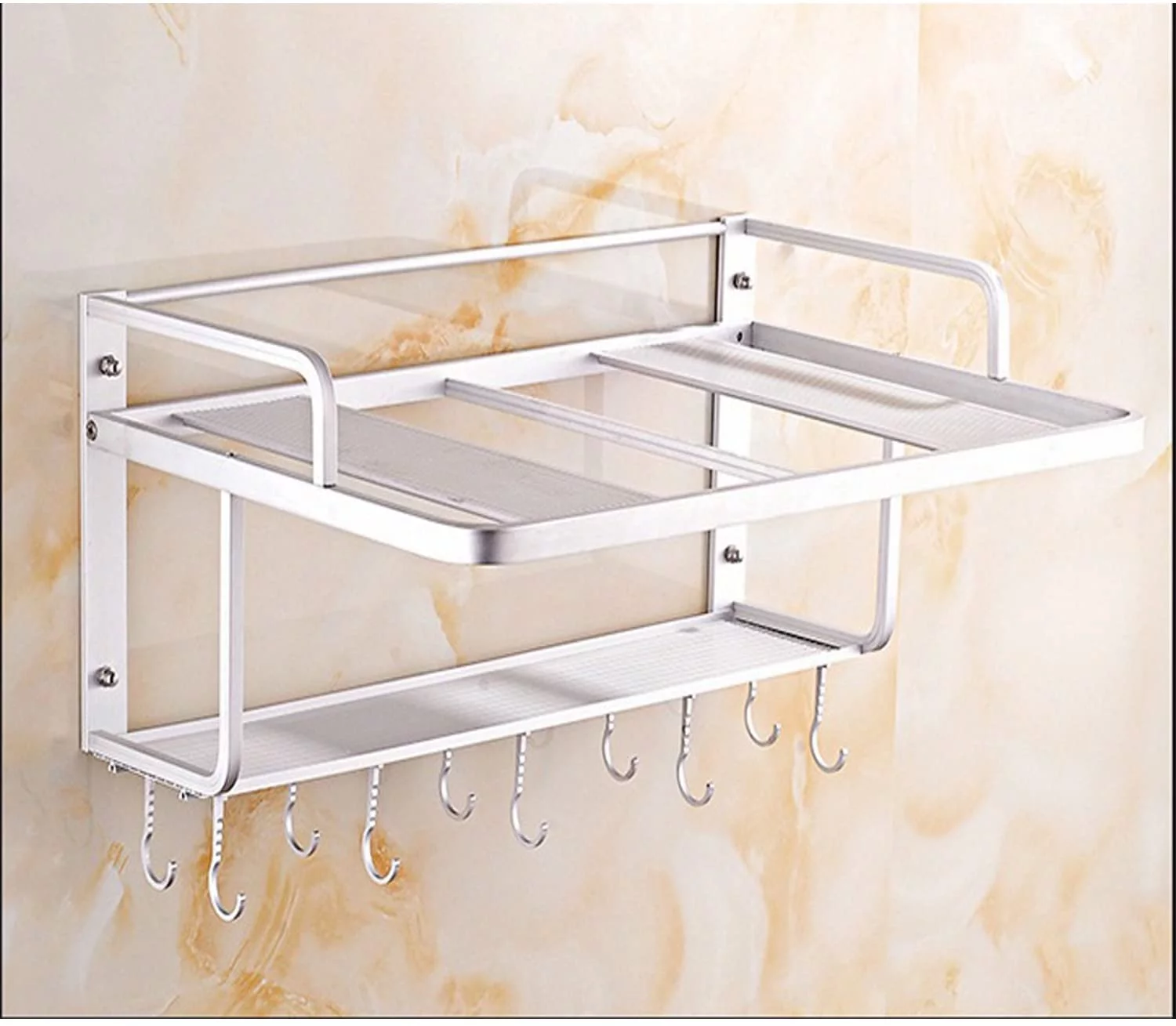 Ninetonine Alumimum Microwave Oven Wall Mount Double Deck Shelf With Hooks